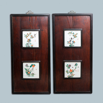 Quatre plaques en porcelaine de Chine famille verte encadrées en bois, 19ème